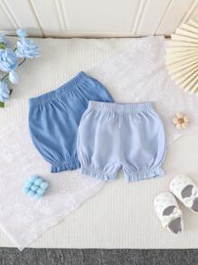 2pcs/Set Infant Baby Girls' Simple Solid Blue Color Lantern Shorts Set, Comfortable Casual Outfit Suitable For Home, Vacation Or Daily Wear, Spring/Summer New Arrival, Buy 1 Get 1 Free, Great Value