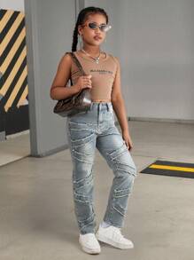 Girls' New Denim Layered Ripped Washed Straight Tassel Fashionable Casual Jeans - Medium Wash - View 3