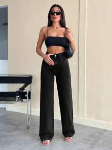 EURMUSE 100% 纯棉女式口袋直筒宽松休闲百搭牛仔裤 - 灰色 - 查看 6