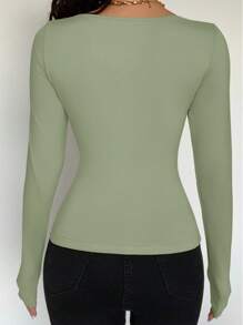 SHEIN Allurite 性感纯色针织弹力圆领系带长袖紧身纽扣装饰女士日常百搭 T 恤 - 綠色 - 查看 2