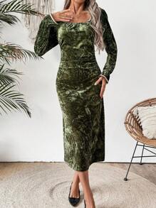 SHEIN Clasi Robe élégante mi-mollet à col carré et manches évasées en jacquard pour femmes