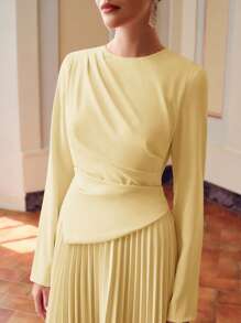 ZEYLAH 女士优雅纯色褶皱下摆连衣裙