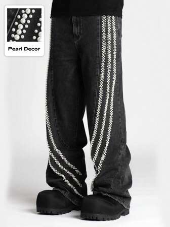 Street Life Men's Avant Loose Fit Faux Pearl Decor Wide Leg Casual Jeans