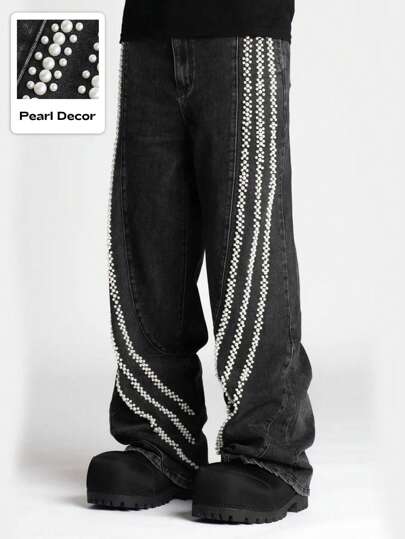 Street Life Jeans casual dalla vestibilità ampia con decorazione in perle finte per uomo