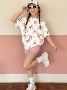 SHEIN Leap Crew Tween Girl 休闲宽松粉色豹纹蝴蝶结图案短袖 T 恤和短裤套装，适合夏季 - 彩色 - 查看 4