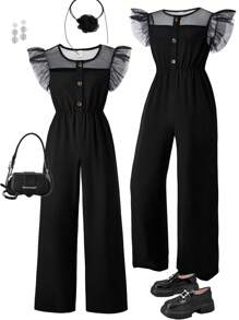 SHEIN Explorewe Tween Girls' Mesh Patchwork Woven Elastic Waist Ruffle Sleeve Jumpsuit Black Jumpsuit Tween Jump Suits For Girls - Black - View 7