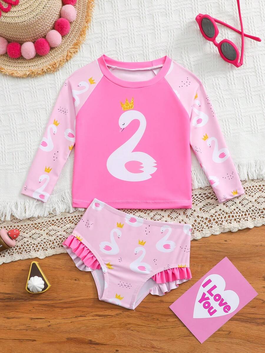 Baby Girl 2pcs Swimsuit Set, Printed Top And Printed Bottoms, Exposed Seam, Separate Pieces - Multicolor - View 1