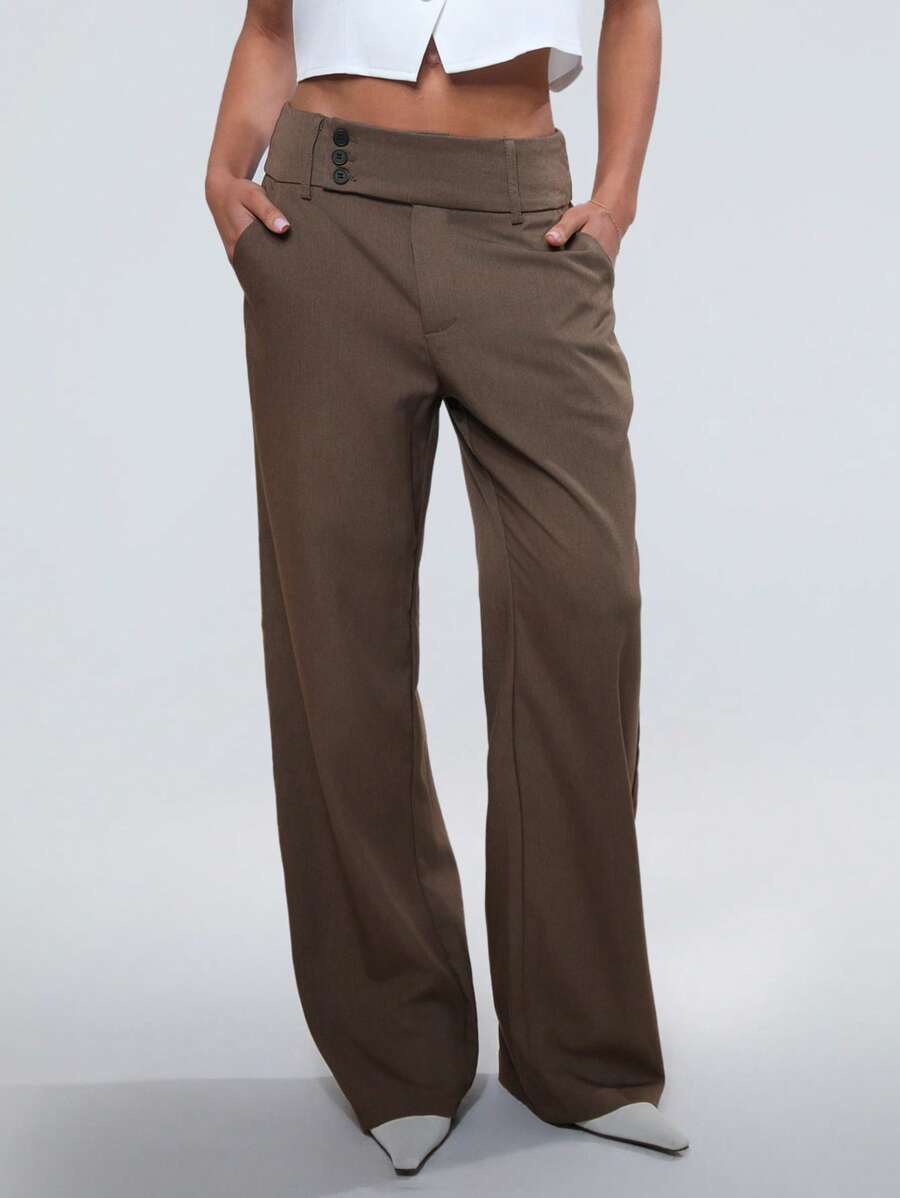 TRNVIE Quần ống đứng màu trơn tối giản đi làm thường ngày - màu nâu - Xem 1