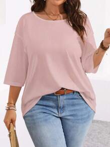 EMERY ROSE Plus Size Solid Color Plus Size Round Neck 3/4 Sleeve T-Shirt, Suitable For Everyday Wear - Dusty Pink - View 4