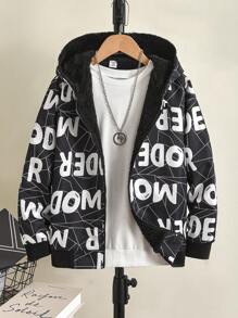 SHEIN Veste à capuche rembourrée thermique pour garçon préadolescent, imprimée de lettres, noir et blanc, vêtement d'extérieur polyvalent pour l'automne/hiver - Noir - Voir 3