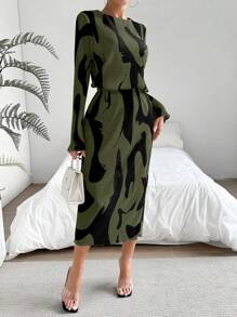 Chiquease 2 件套女士图案印花圆领长袖上衣和中长裙，优雅 - 墨綠色 - 查看 5