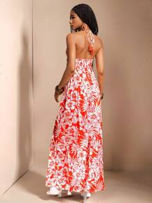 Slaydiva Women's White Floral Summer Boho Vacation Holiday Halterneck Straps Deep V-Neck Multi-Layer Splicing Wide-Leg Super-Long Pants With Tassels & Fringes - Multicolor - View 2