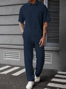 Manfinity Homme Bộ quần áo polo dệt kim họa tiết màu be hai mảnh dành cho nam, trang phục thoải mái, ấm áp - Màu xanh hải quân - Xem 6