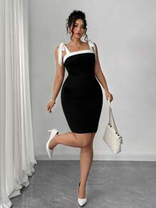 Elenzga Plus Size Women Elegant Knitted Sleeveless Black & White Color Block Bowknot Shoulder Strap Fitted Bodycon Dress - Black and White - View 3