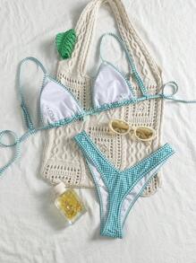 Swim Mod Beach Summer Outfits For Women: Random Plaid Spaghetti Strap Bow Cute 2 Pieces Bikini Set - Blue - View 2