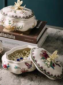 Cirelle 1pc Ceramic Multi-Functional Elegant Minimalist Beaded Jewelry Storage Box With Lid, Retro Jewelry Box, Kitchen Living Room Bedroom Decor, Rama Comfort Home, New Year, Christmas, Mother's Day Gift, Wedding Decor, Birthday Gift, Housewarming Gift, Summer Home Decor, B&B Decor - White - View 5