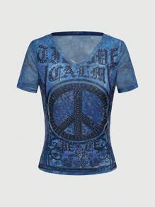 ROMWE J-Fashion Y2K Vintage-Style Peace Sign Rhinestone Decor Hippie T-Shirt - Multicolor - View 1
