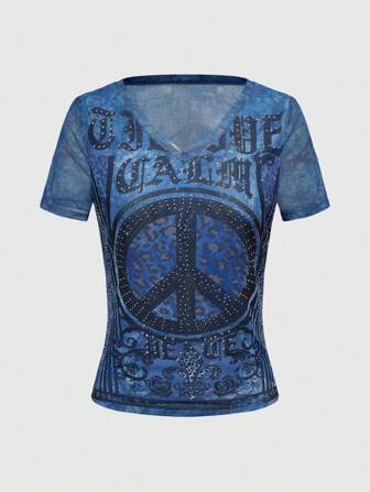 J-Fashion Camiseta hippie con decoración de strass con signo de la paz estilo vintage Y2K