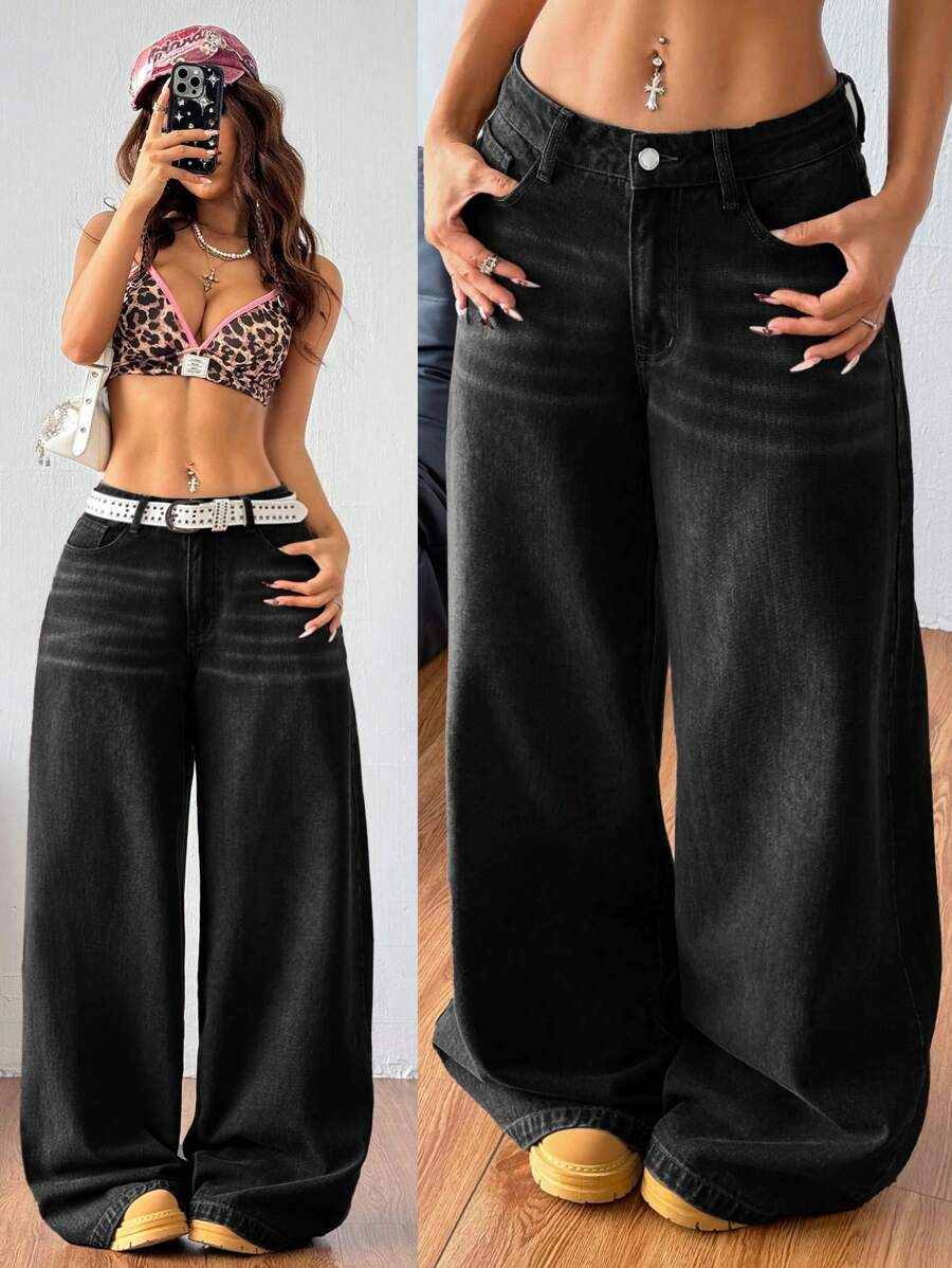 Coolane Women's Pocketed Wide Leg Relaxed Casual Versatile Jeans, Women Jeans,Black, Jeans Wide Leg - Black - View 1