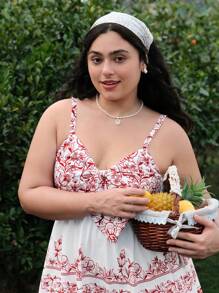 SHEIN MOD Spring And Summer New Plus Size Women's Bohemian Placement Print Loose Vintage Doll Dress, Suitable For Vacation, Country Music Festivals, Afternoon Tea And Other Occasions