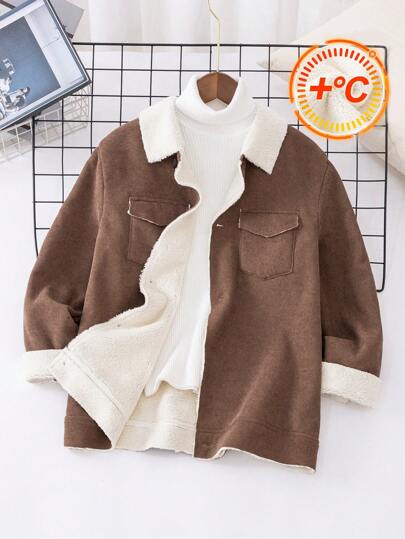 SHEIN 青少年男孩加大码休闲领拉链口袋毛绒衬里加厚编织夹克外套