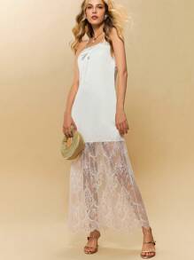 Poéselle Vestido largo elegante de seda con superposición de encaje blanco y tirantes ajustables - Perfecto para escapadas románticas de verano, sesión de fotos de compromiso, vestidos largos de encaje para mujeres, vestido de playa de verano, ropa de noche elegante, moda ligera y casual