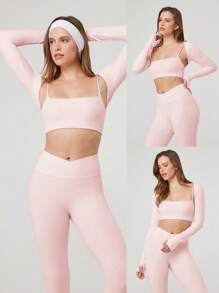 GLOWMODE FeatherFit™ Cropped Limitless Long Sleeve Tank Shrug Top With Thumbhole Low Impact Yoga Daily - Baby Pink - View 8