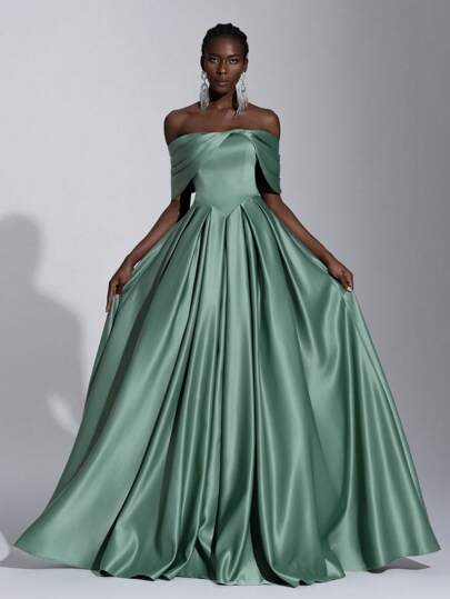 Elitara 优雅奢华露肩褶饰长裙，适合婚礼、单身派对、节日、舞厅活动（大量装饰）、正式、礼服、晚会、婚礼宾客