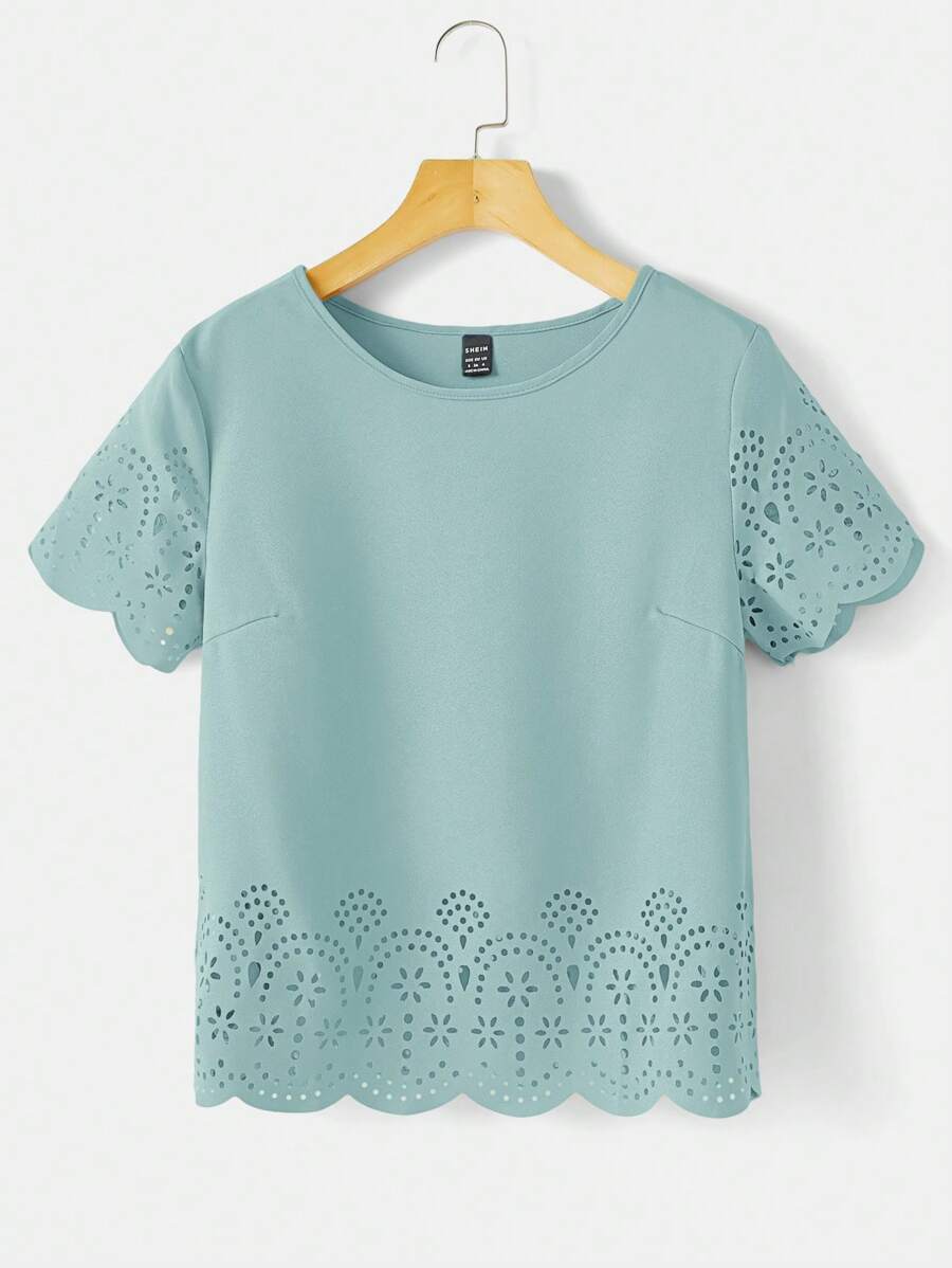 SHEIN Clasi Summer Casual Solid Color Hollow Out Short Sleeve Shirt - Cadet Blue - View 1