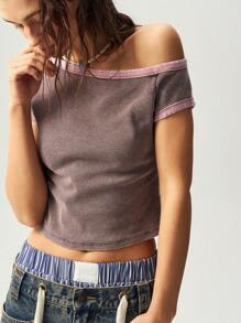 Bohemela Boho Knitted Color Block Asymmetrical Neck Short Sleeve Fitted Cropped Washed Women T-Shirt, Spring/Summer - Rust Brown - View 4