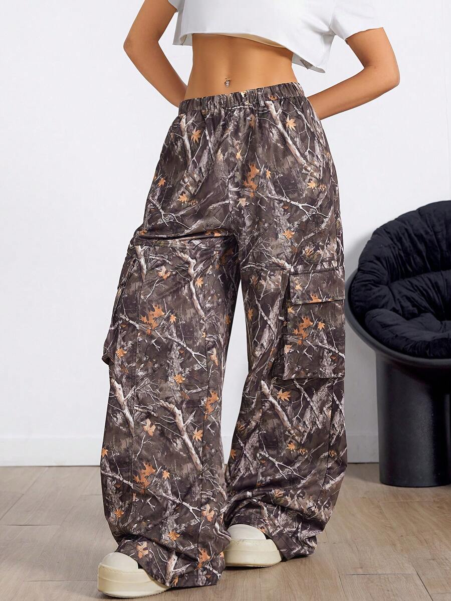 SHEIN EZwear 女士春夏节日西部风情摇滚街头服饰森林迷彩树枝图案弹性腰带工装裤 - 棕色 - 查看 1