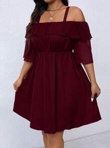 EMERY ROSE Plus Size Women Solid Color Ruffle Elegant Ruffle Hem Dress - Burgundy - View 3