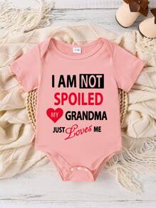 SHEIN Baby Girl Cute Heart & Letter Print Short Sleeve Bodysuit, Summer - Pink - View 3