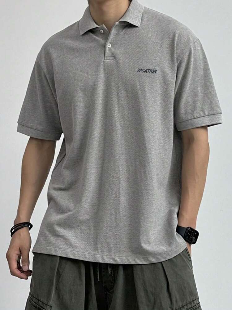 Men's Summer Letter Embroidered Half-Placket Grey Polo Shirt