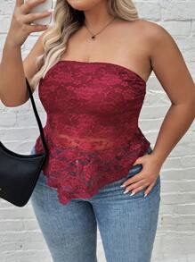 SHEIN CURVE+ Plus Size Lace Triangular Shawl Bralet Top, For Music Festival - Red - View 7