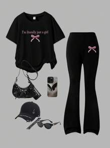 2pcs/Set Tween Girl Minimalist Stylish Short Sleeve Crew Neck T-Shirt And Pants Set