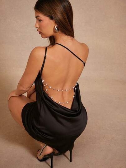 Hauture Satin Open Back Pearl Chain Mini Party Dress,Summer Dresses For Women