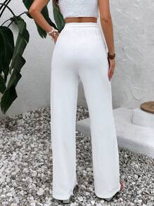 EURMUSE Women's Summer Solid Color Beige High Waist Drawstring Waist Linen Wide Leg Pants - White - View 2