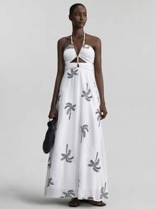 Ontre 2025 New Women Summer Dress, Halter Sleeveless Vacation Style Casual Ruffle Embroidery Fabric Swing Dress, Women Oversized Long Dress, Leisure