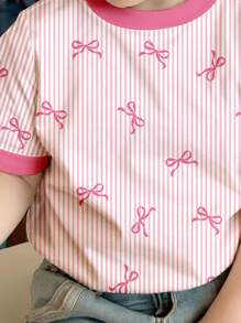 SHEIN Cute Pink Stripe, Bow Graphic Short Sleeve T-Shirt For Girls, Casual Simple Crewneck, Summer