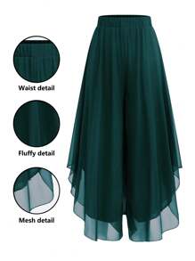 DreamSkyne Plus Size Women's Black Wide Leg Pants, Asymmetrical Hemline Chiffon Flowy Casual Vacation Trousers - Dark Green - View 1