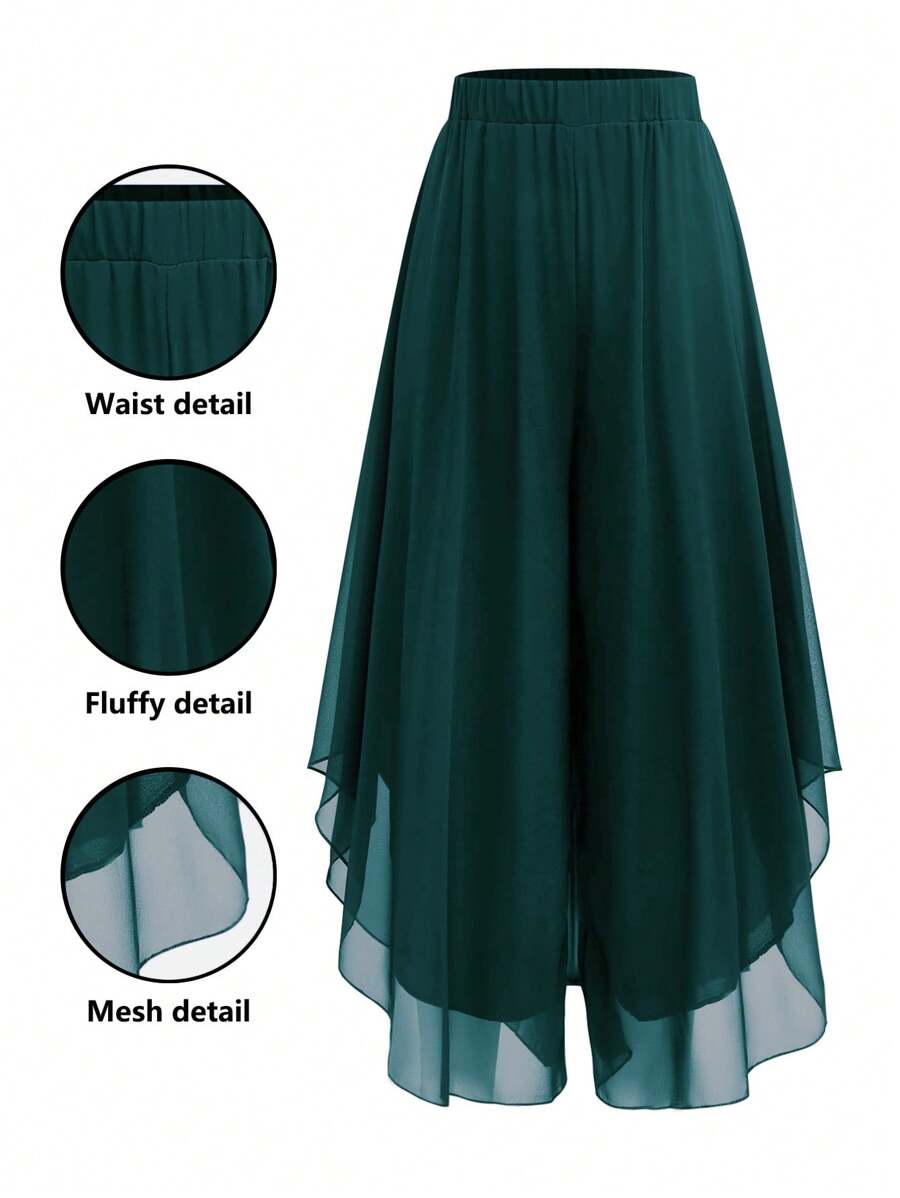 DreamSkyne Plus Size Women's Black Wide Leg Pants, Asymmetrical Hemline Chiffon Flowy Casual Vacation Trousers - Dark Green - View 1
