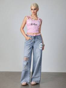 ROMWE Avant 女式 2 合 1 蕾丝拼布数字印花破洞阔腿牛仔裤女式春夏装 - 淺色水洗藍 - 查看 1