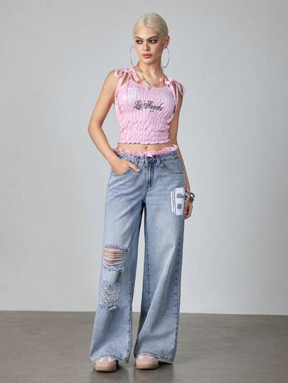 ROMWE Avant Jeans larges pour femmes, 2 en 1, patchwork en dentelle avec imprimé numérique déchiré, tenues de printemps et d'été pour femmes