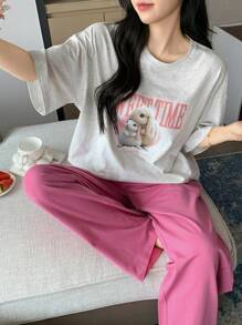 DAZY 2pcs Women Rabbit Print Loose Fit Short Sleeve Pajama Set - White - View 4