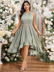 SHEIN LUNE Ruffled Jacquard Asymmetric Hem Lace Insert Elegant A-Line Wedding Dress - Green - View 9
