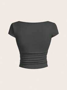 SHEIN BAE Set de 3 camisetas de manga corta con cuello en U y fruncido, de ajuste ceñido, versátiles para el verano, para mujeres - Multicolor - Ver 6