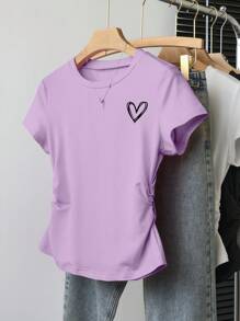 Teens/Youth Girls Casual Minimalist Versatile Heart Print Cinched Waist Short Sleeve T-Shirt - Mauve Purple - View 1