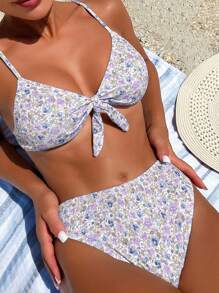 Swim Mod Kvinnor Ditsy Floral Front Knot Sexig Bikini Set, Randomized Print, Summer Beach - Mauve Lila - Visa 1