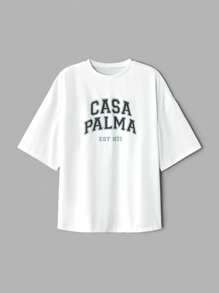 SHEIN Women Letter Print Round Neck Short Sleeve Casual T-Shirt - White - View 1